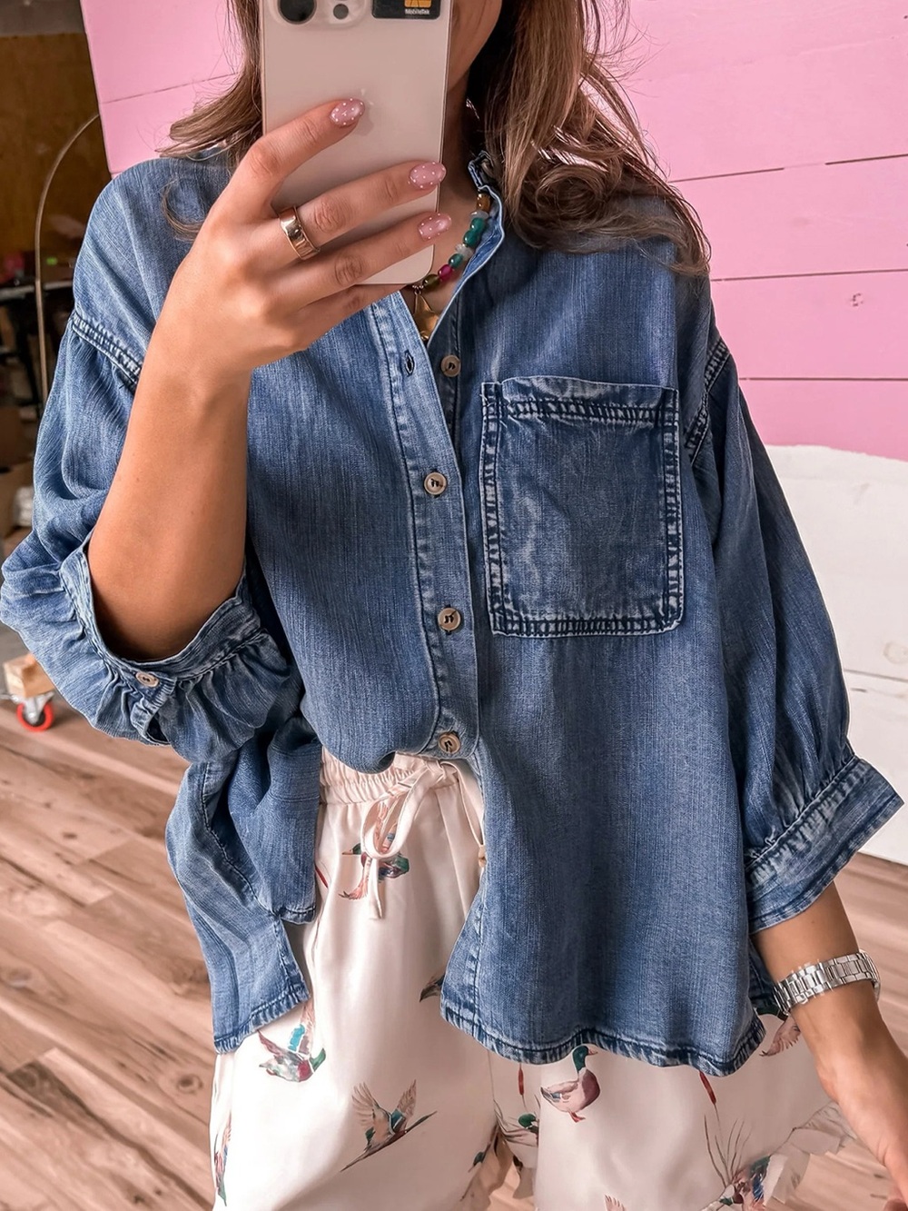 Three Quarter Sleeve Button Front Loose Denim Shirt